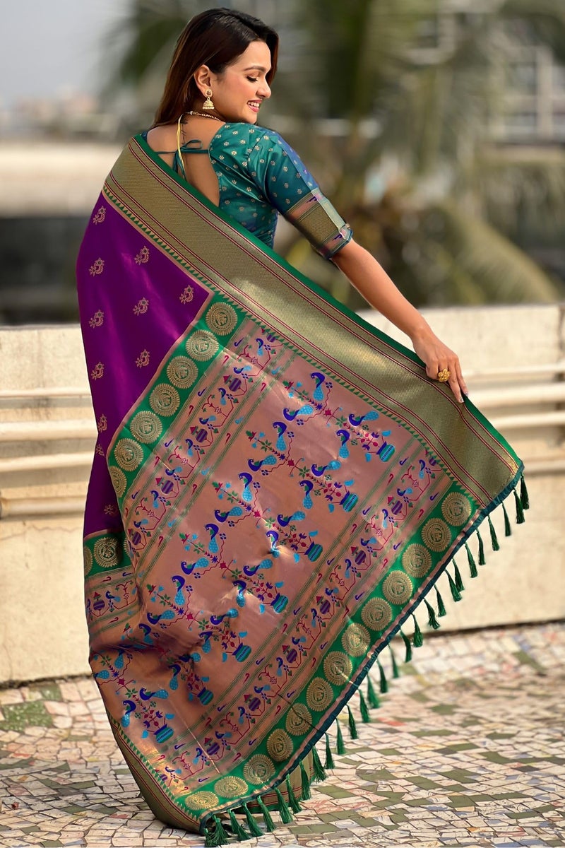SGF11 Women's Kanjivaram Paithani Pure Soft Silk Saree With Blouse Piece (Purple) - Image 4