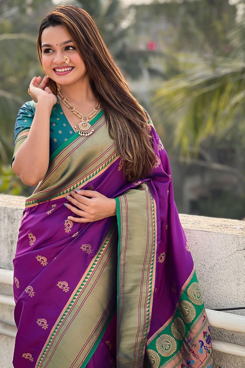 SGF11 Women's Kanjivaram Paithani Pure Soft Silk Saree With Blouse Piece (Purple) - Image 3