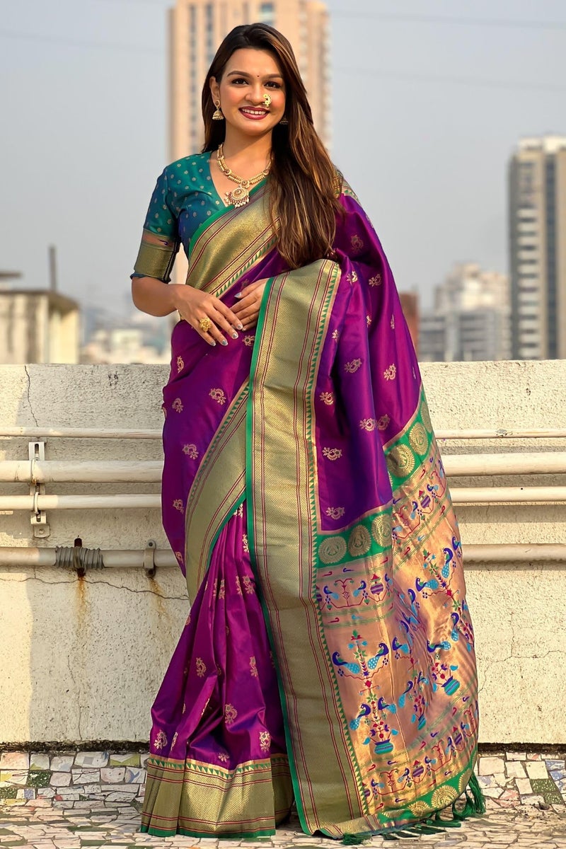 SGF11 Women's Kanjivaram Paithani Pure Soft Silk Saree With Blouse Piece (Purple) - Image 2