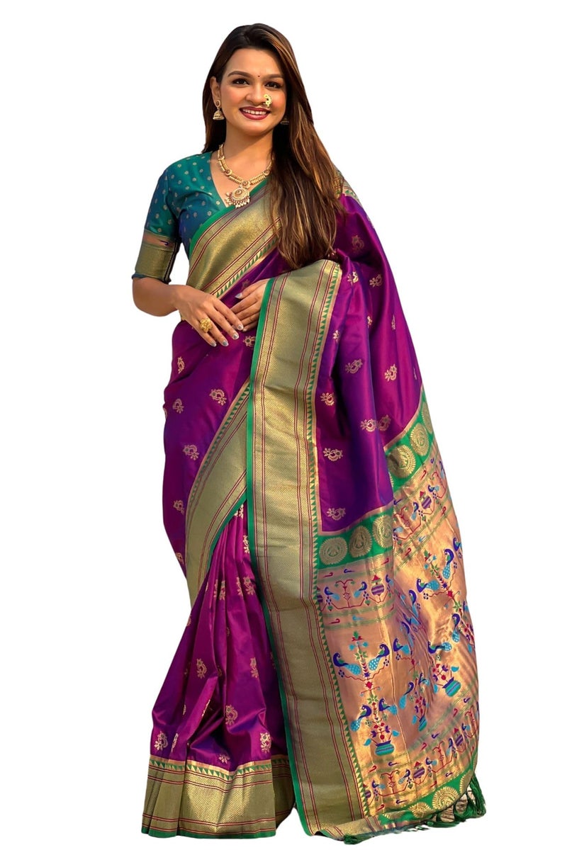 SGF11 Women's Kanjivaram Paithani Pure Soft Silk Saree With Blouse Piece (Purple) - Image 1