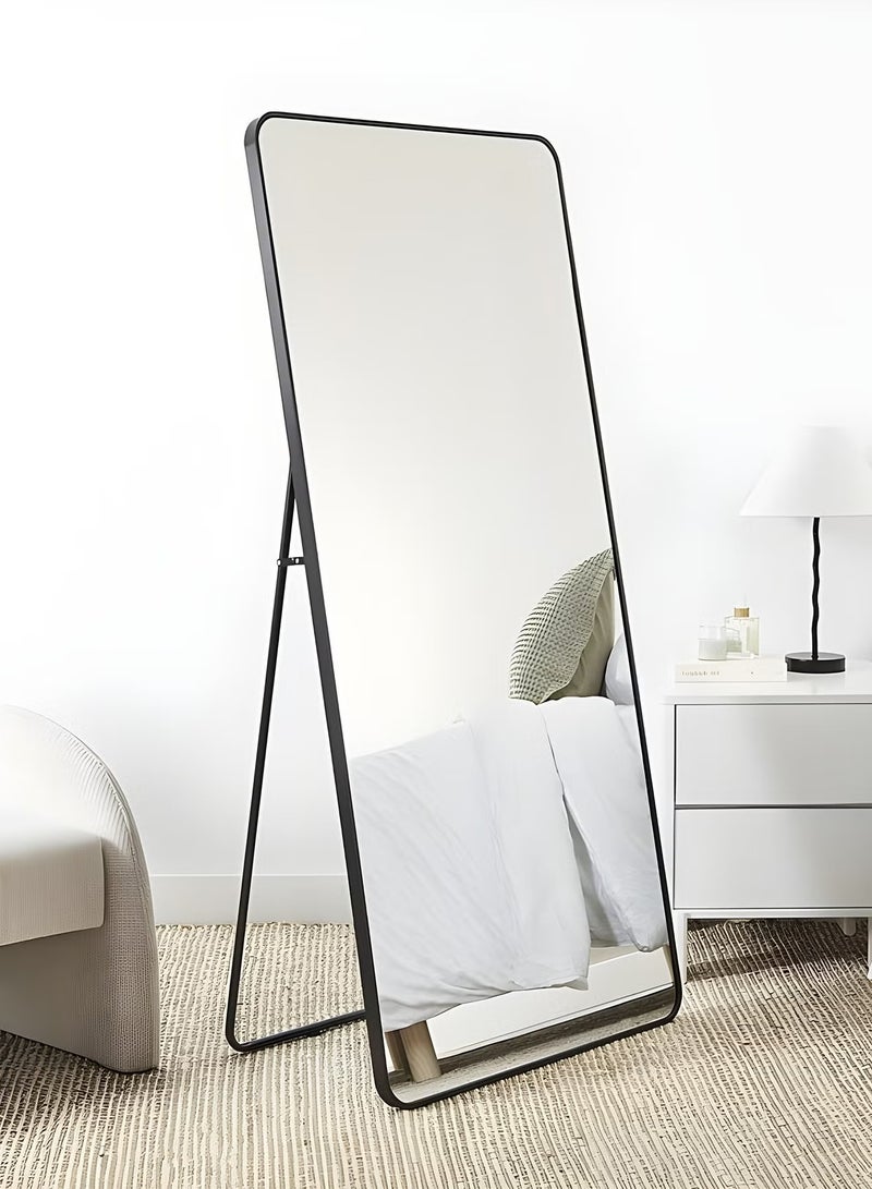 تايمي مرآة مستطيلة الشكل مقاس 160×50 سم بحواف دائرية، مرآة كاملة الطول مع حامل وإطار معدني، مرآة أرضية، مرآة حائط معلقة أو مائلة لغرفة المعيشة، غرفة النوم، المدخل، أسود - Image 3