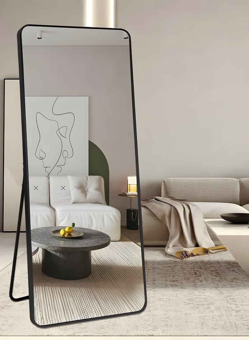 تايمي مرآة مستطيلة الشكل مقاس 160×50 سم بحواف دائرية، مرآة كاملة الطول مع حامل وإطار معدني، مرآة أرضية، مرآة حائط معلقة أو مائلة لغرفة المعيشة، غرفة النوم، المدخل، أسود - Image 1