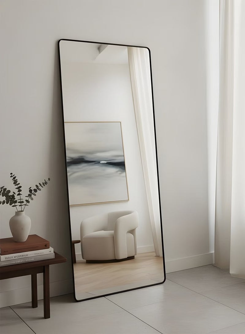 تايمي مرآة مستطيلة الشكل مقاس 160×50 سم بحواف دائرية، مرآة كاملة الطول مع حامل وإطار معدني، مرآة أرضية، مرآة حائط معلقة أو مائلة لغرفة المعيشة، غرفة النوم، المدخل، أسود - Image 5