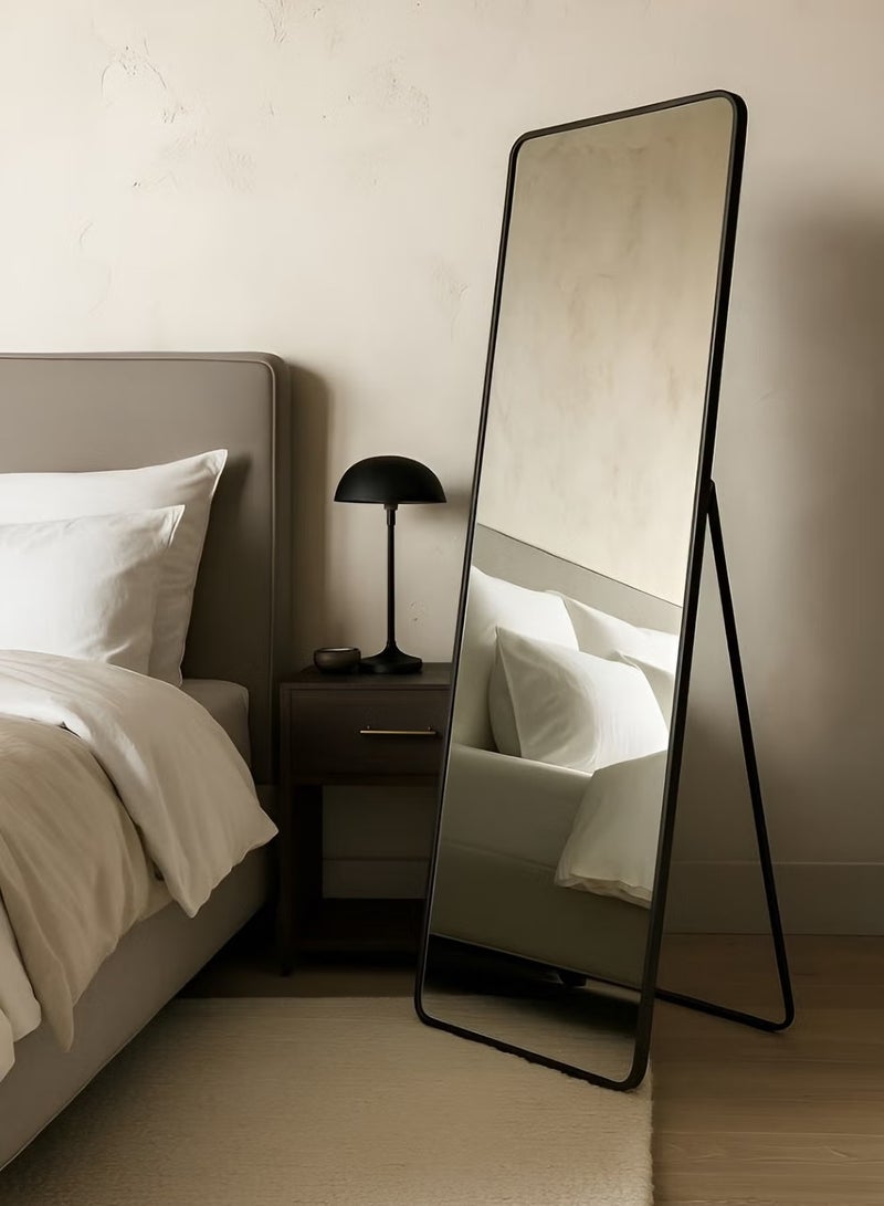 تايمي مرآة مستطيلة الشكل مقاس 160×50 سم بحواف دائرية، مرآة كاملة الطول مع حامل وإطار معدني، مرآة أرضية، مرآة حائط معلقة أو مائلة لغرفة المعيشة، غرفة النوم، المدخل، أسود - Image 4