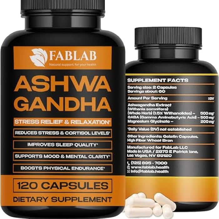 FabLab Ashwagandha, GABA & Magnesium Glycinate Supplement 120 Capsules Natural Stress Relief, Mood Support & Relaxation Sleep Aid & Adrenal Support Non-GMO - Image 1
