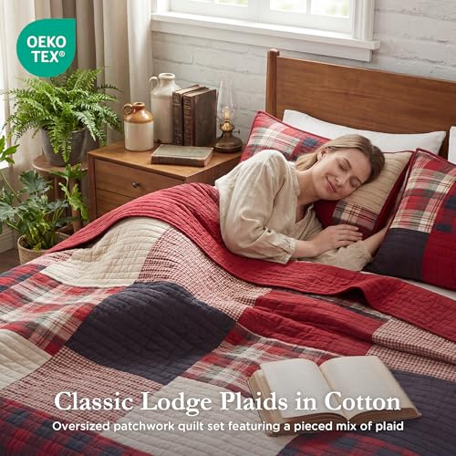 Woolrich John Rich & Bros. Woolrich Sunset Reversible Quilt Set - Cottage Styling Reversed to Solid Color, All Season Lightweight Coverlet, Cozy Bedding Layer, Matching Shams, Oversized Full/Queen, Plaid Red 3 Piece - Image 2