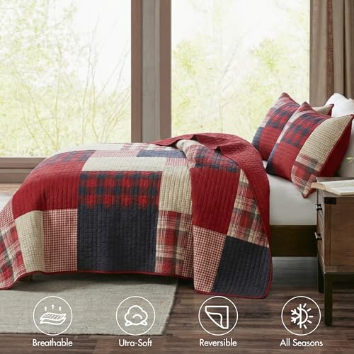 Woolrich John Rich & Bros. Woolrich Sunset Reversible Quilt Set - Cottage Styling Reversed to Solid Color, All Season Lightweight Coverlet, Cozy Bedding Layer, Matching Shams, Oversized Full/Queen, Plaid Red 3 Piece - Image 4