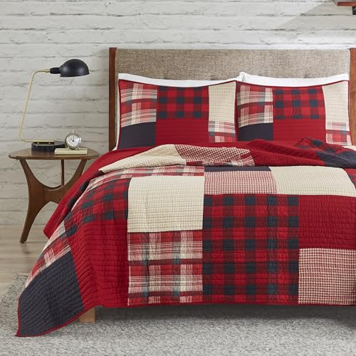 Woolrich John Rich & Bros. Woolrich Sunset Reversible Quilt Set - Cottage Styling Reversed to Solid Color, All Season Lightweight Coverlet, Cozy Bedding Layer, Matching Shams, Oversized Full/Queen, Plaid Red 3 Piece - Image 1