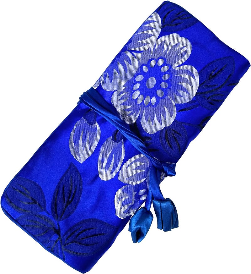 WEI LONG Jewelry Roll,Travel Jewelry Roll Bag,Silk Embroidery Brocade Jewelry Organizer Case with Tie Close,(Flower2,Royal Blue) - Image 1