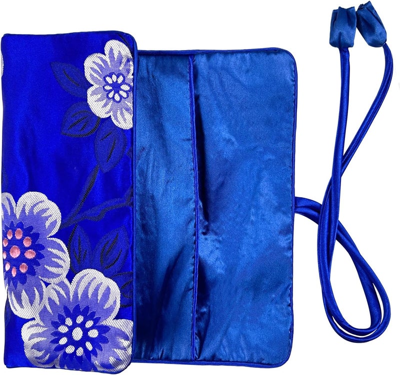 WEI LONG Jewelry Roll,Travel Jewelry Roll Bag,Silk Embroidery Brocade Jewelry Organizer Case with Tie Close,(Flower2,Royal Blue) - Image 2