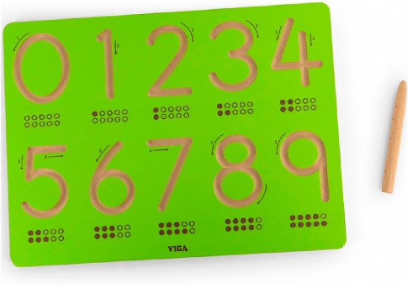 VIGA Wooden Number Tracing Board - Educational Writing Toy for Kids, Montessori Learning Tool with Numbers 0 to 9 - Image 1