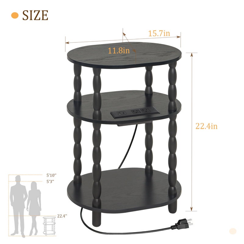 MaxSmeo Black Side Table with Charging Station, 3-Tier Small Oval End Table with USB Ports and Outlet, Modern Night Stand Wood Accent Table for Living Room, Bedroom, Black - Image 3
