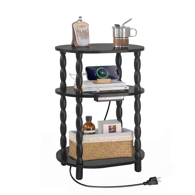 MaxSmeo Black Side Table with Charging Station, 3-Tier Small Oval End Table with USB Ports and Outlet, Modern Night Stand Wood Accent Table for Living Room, Bedroom, Black - Image 1