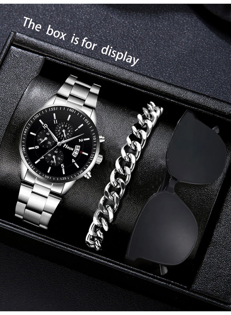 3pcs men's watch set, stainless steel quartz watch with silver belt and black calendar+silver bracelet+decorative glasses, suitable for his birthday, Christmas and Valentine's Day gift. - Image 1
