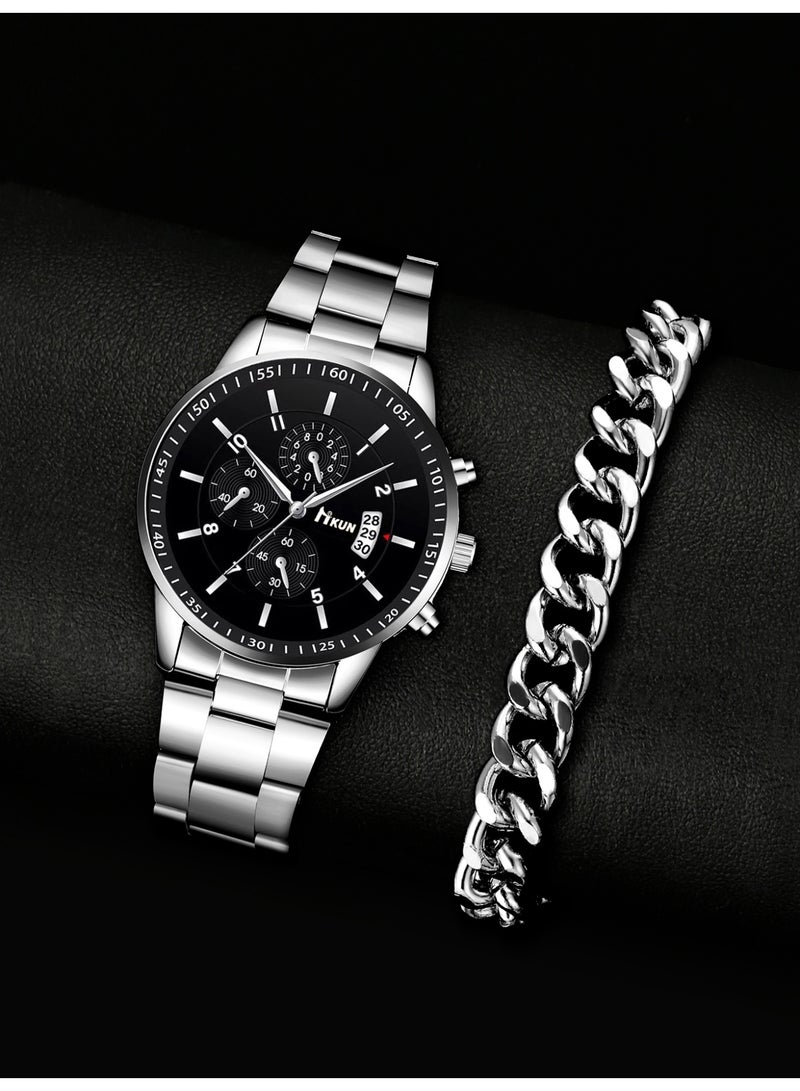 3pcs men's watch set, stainless steel quartz watch with silver belt and black calendar+silver bracelet+decorative glasses, suitable for his birthday, Christmas and Valentine's Day gift. - Image 5