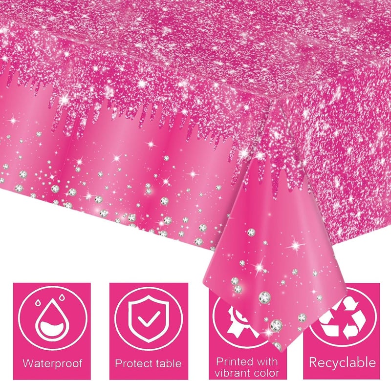 Mienocol 2pcs Hot Pink Table Cloth Party Disposable Tablecloths,137 x274cm Shiny Glitter Diamond Rose Red Party Rectangular Dining Table Cover for Baby Shower,Wedding,Birthday,Girls Party Table Décor - Image 3