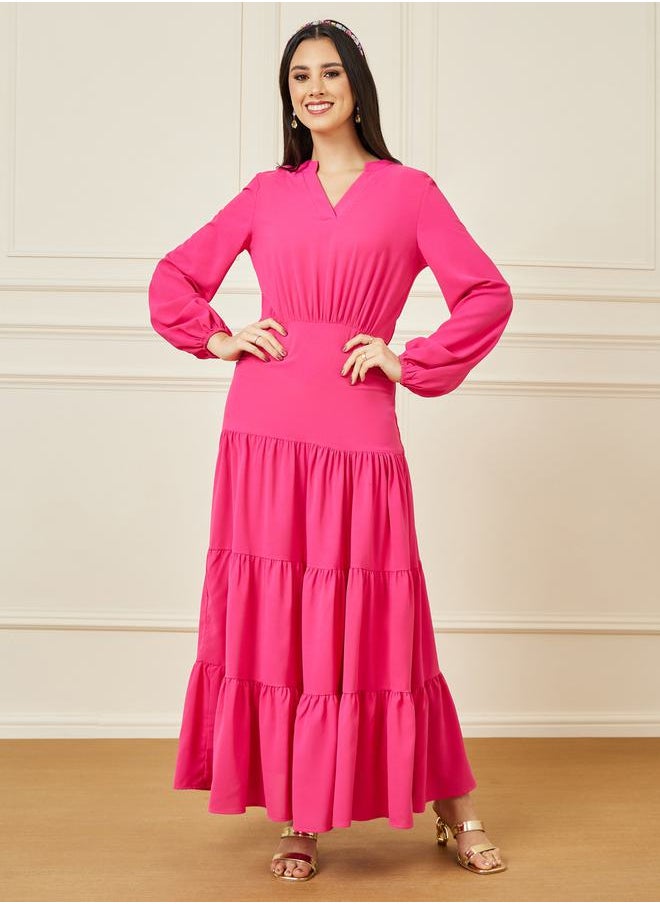 Styli - Solid Cuffed Sleeve Tiered Maxi Dress - Image 1