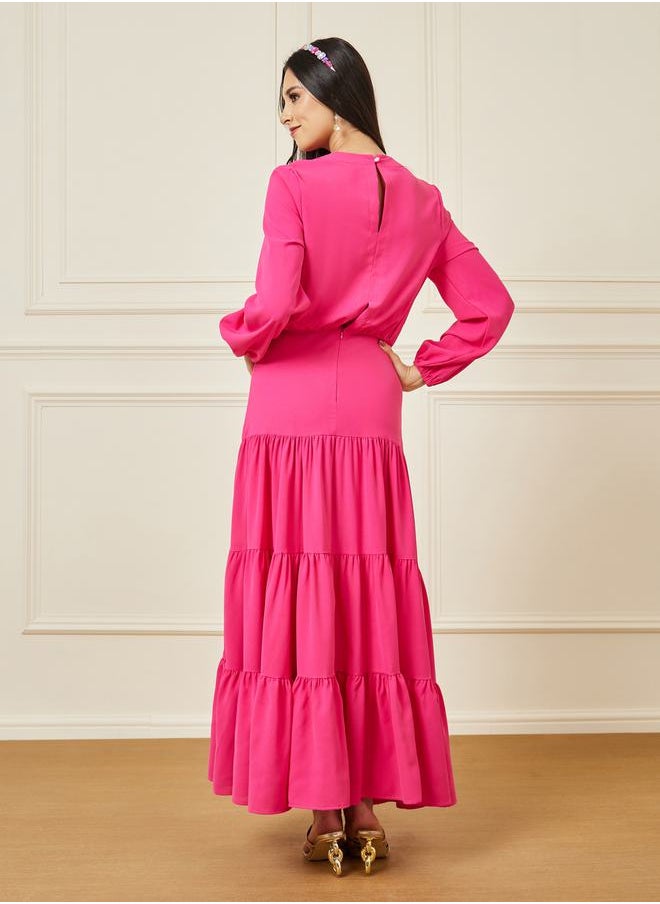 Styli - Solid Cuffed Sleeve Tiered Maxi Dress - Image 1