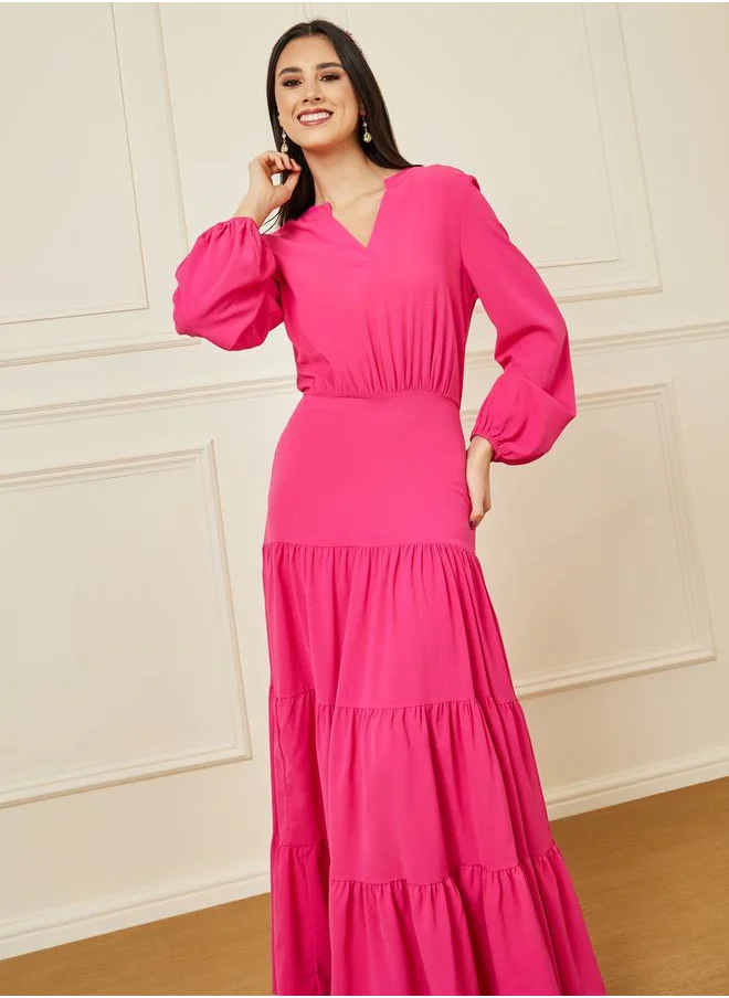 Styli Solid Cuffed Sleeve Tiered Maxi Dress