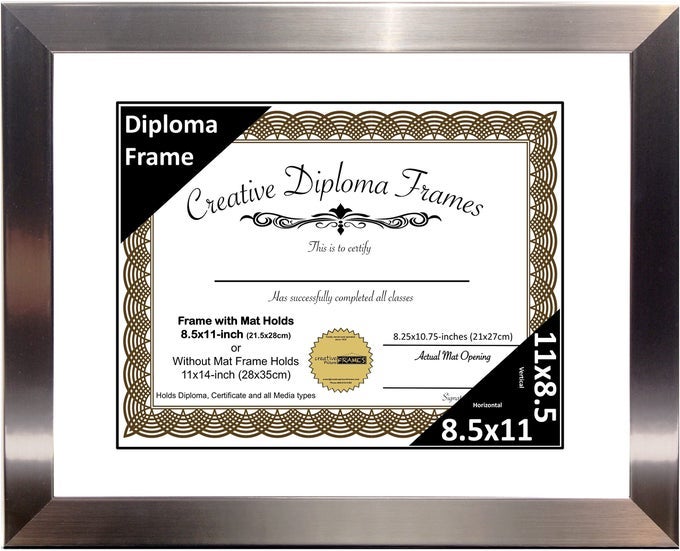 11X14SSW STAINLESS STEEL FINISH DIPLOMA FRAME WITH 11X14INCH WHITE MAT TO HOLD 85 BY 11INCH GRADUATION DOCUMENTS WITH STAND AND WALL HANGER