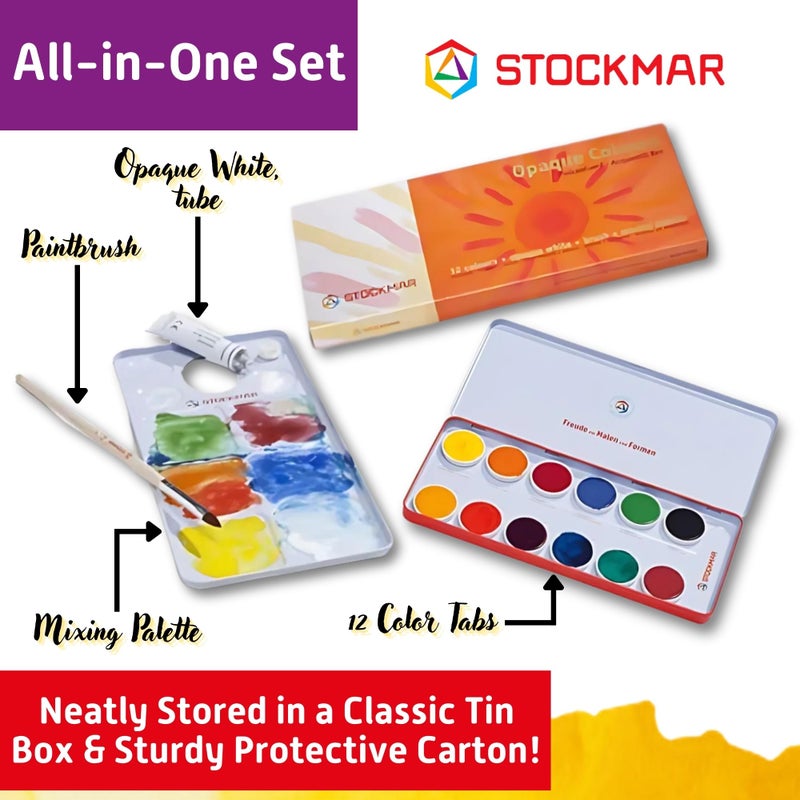 STOCKMAR Opaque Color Box - Set of 12 paints, Includes Opaque White Paint Tube, Brush, and Palette- Waldorf Art Supplies - Image 2
