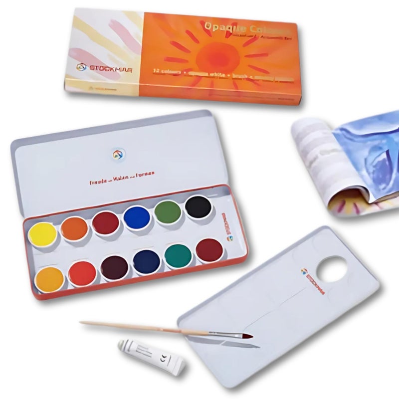 STOCKMAR Opaque Color Box - Set of 12 paints, Includes Opaque White Paint Tube, Brush, and Palette- Waldorf Art Supplies - Image 1