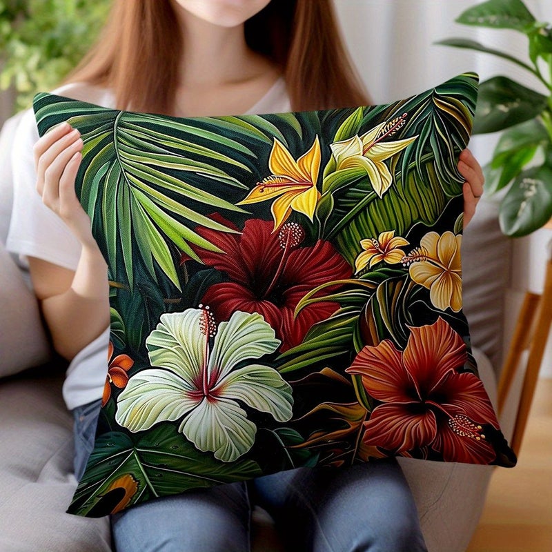 1pc Tropical Plants And Flowers Print Throw Pillow Cover Peach Skin Velvet Sofa Pillowcase 17.72x17.72 Inch - Image 5