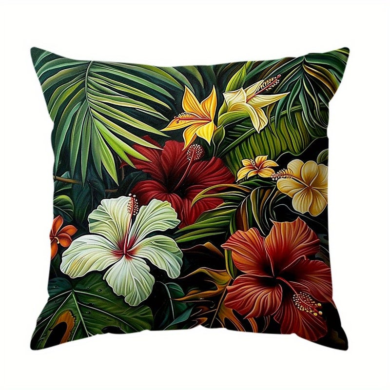 1pc Tropical Plants And Flowers Print Throw Pillow Cover Peach Skin Velvet Sofa Pillowcase 17.72x17.72 Inch - Image 1