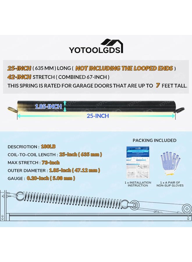 YoTooLGDS Pair of 180 lbs Heavy Duty Garage Door Extension Springs Stretch Springs, 25” Long, Double Loop Ends, High Precision Electrophoresis Black Coated,MIN 16,000 Cycles,for 7ft High Garage Doors - Image 2