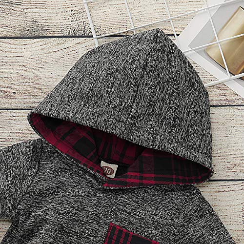 Saeaby Newborn Baby Boys Clothes Long Sleeve Hoodie Outfit Plaid Sweatshirt Infant Clothes for Boys, Girls 0-6 Months Dark Red - Image 5