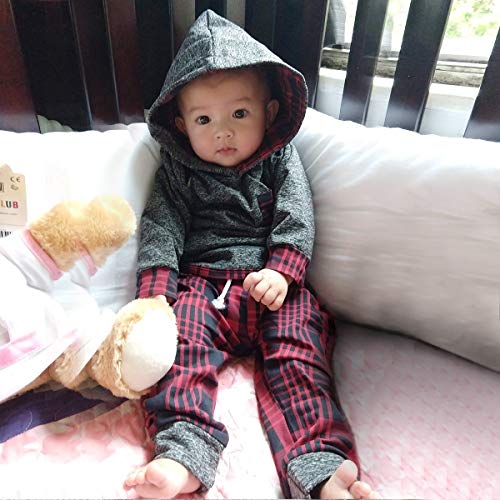 Saeaby Newborn Baby Boys Clothes Long Sleeve Hoodie Outfit Plaid Sweatshirt Infant Clothes for Boys, Girls 0-6 Months Dark Red - Image 3