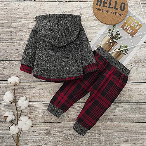 Saeaby Newborn Baby Boys Clothes Long Sleeve Hoodie Outfit Plaid Sweatshirt Infant Clothes for Boys, Girls 0-6 Months Dark Red - Image 4