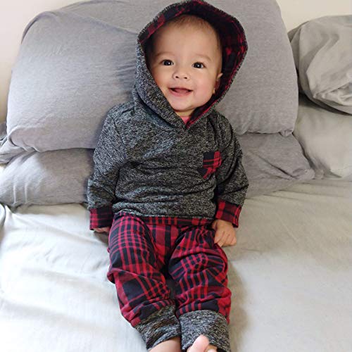 Saeaby Newborn Baby Boys Clothes Long Sleeve Hoodie Outfit Plaid Sweatshirt Infant Clothes for Boys, Girls 0-6 Months Dark Red - Image 2