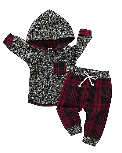 Saeaby Newborn Baby Boys Clothes Long Sleeve Hoodie Outfit Plaid Sweatshirt Infant Clothes for Boys, Girls 0-6 Months Dark Red - Image 1