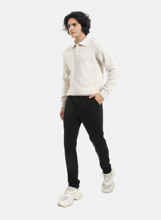 Andora Turned Down Plain Self Pattern Sweater_Beige - Image 5