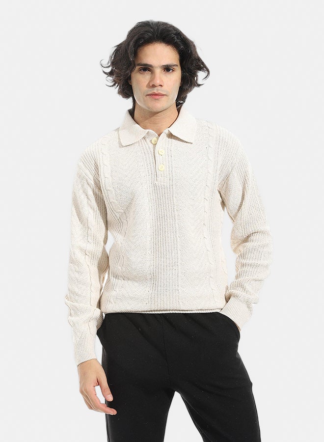 Andora Turned Down Plain Self Pattern Sweater_Beige - Image 1