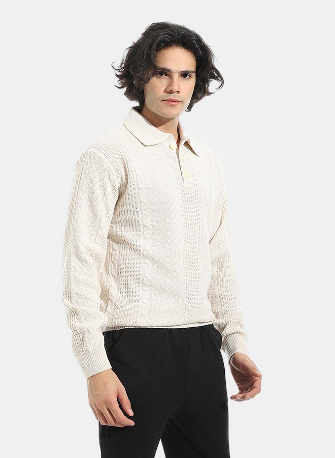 Andora Turned Down Plain Self Pattern Sweater_Beige - Image 2