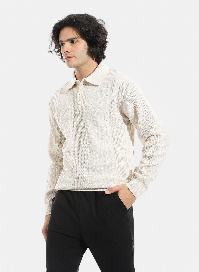 Andora Turned Down Plain Self Pattern Sweater_Beige - Image 4