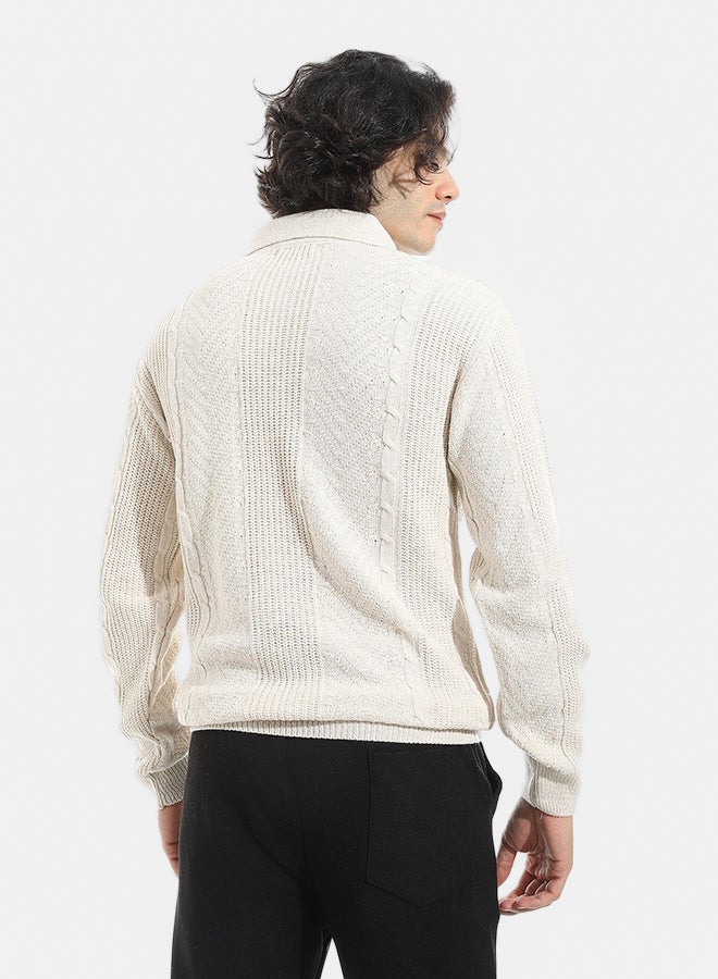 Andora Turned Down Plain Self Pattern Sweater_Beige - Image 3