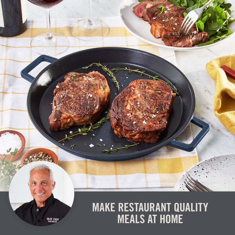 Dash Zakarian by Dash 13 Inch Nonstick Cast Iron Dual Handle Pan, Titanium Ceramic Coated Frying Pan, Blue - Image 2