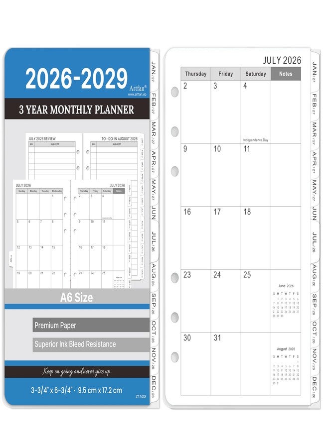 آرت فان عبوات إعادة تعبئة لمخطط 2026-2029 - حشوات مخطط A6 بستة ثقوب، من يوليو 2026 إلى يونيو 2029، عبوات إعادة تعبئة شهرية لمدة 3 سنوات، 3-3/4 بوصة × 6-3/4 بوصة، حشوات مجلد A6، مخطط شهري 2026-2029 مع علامات تبويب - Image 1