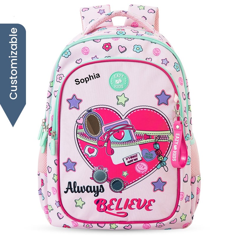 Eazy Kids Personalized 17”School Bag Set of 3- Backpack, Lunch Bag & Pencil Case,Laptop Compartment -Always Believe - Pink - Image 1