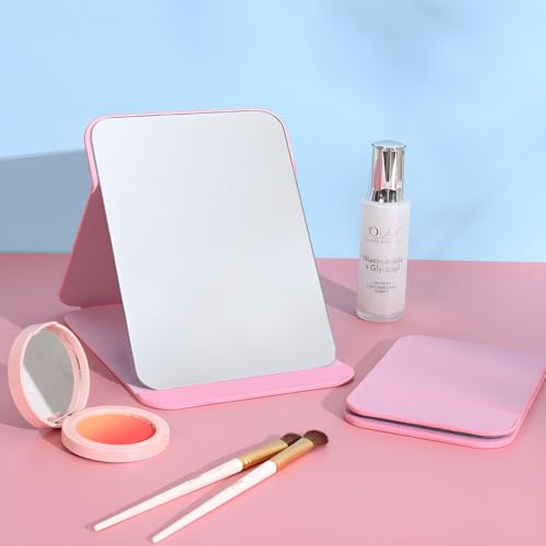 ONICORN Folding Makeup Mirror - Portable Small Size PU Leather Travel Mirror, Exquisite HD Round Edge Corner Glass, Adjustable Angle Vanity Mirror With Stand (Pink Pack of 1),Tabletop - Image 2
