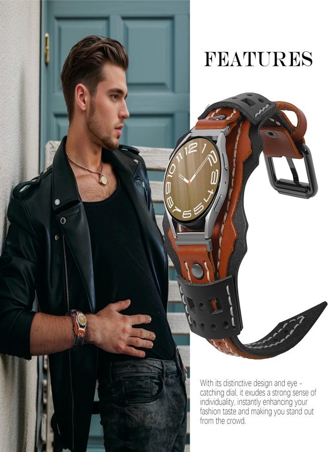 VIQIV Leather Band Compatible with Samsung Galaxy Watch 7/6/5/4/FE Active 2 40mm 44mm/Watch 4 6 Classic 43mm 47mm 42mm 46mm/Watch 5 Pro 45mm Bands Men, 20mm Two-Tone Gothic Biker Sport Leather Strap - Image 2