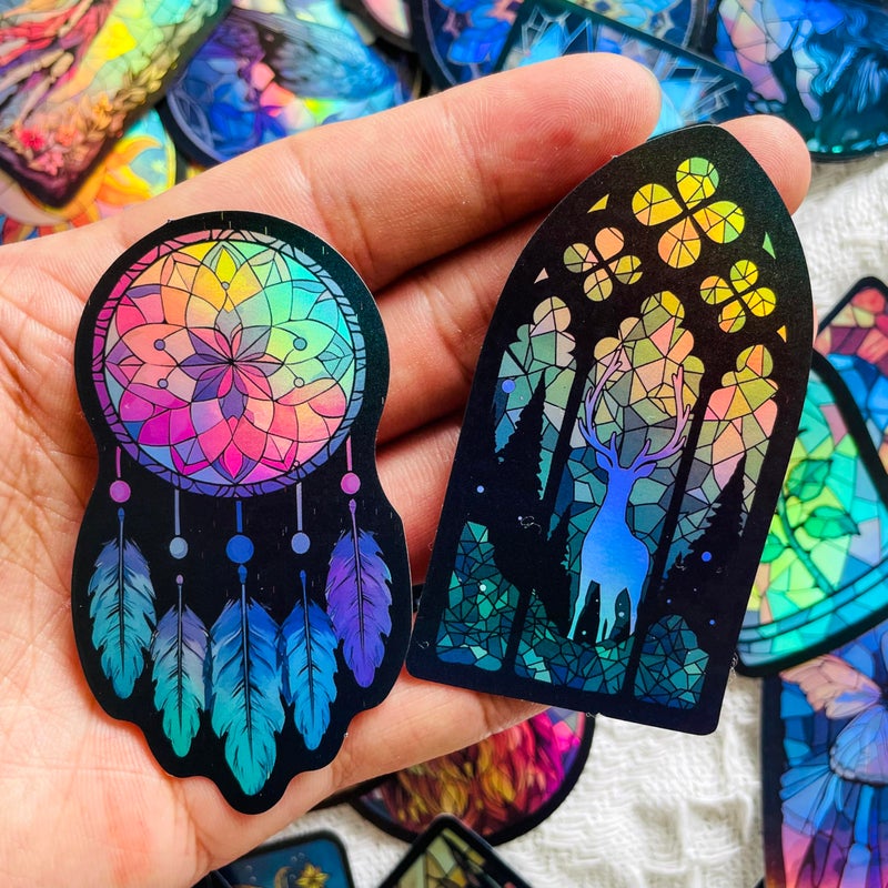 YOKSAS 50PCS Holographic Gothic Stained Glass Stickers â€“ Vintage Aesthetic Religious Fantasy and Nature Vinyl Waterproof Decals for Scrapbooking, Journals, Laptops, Water Bottles - Image 3