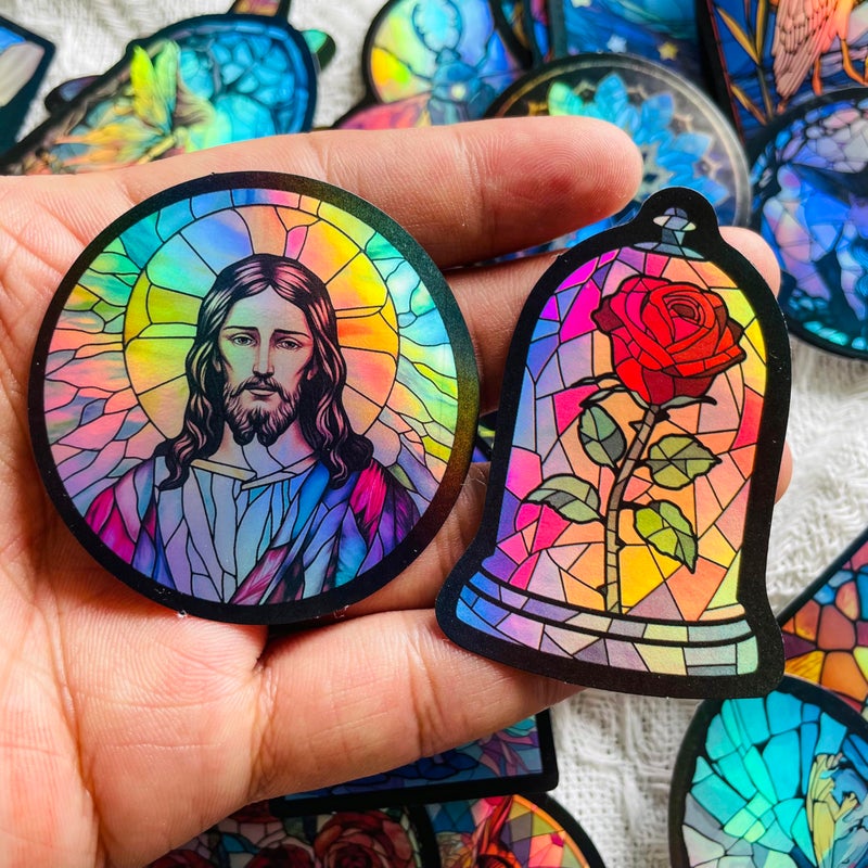 YOKSAS 50PCS Holographic Gothic Stained Glass Stickers â€“ Vintage Aesthetic Religious Fantasy and Nature Vinyl Waterproof Decals for Scrapbooking, Journals, Laptops, Water Bottles - Image 4