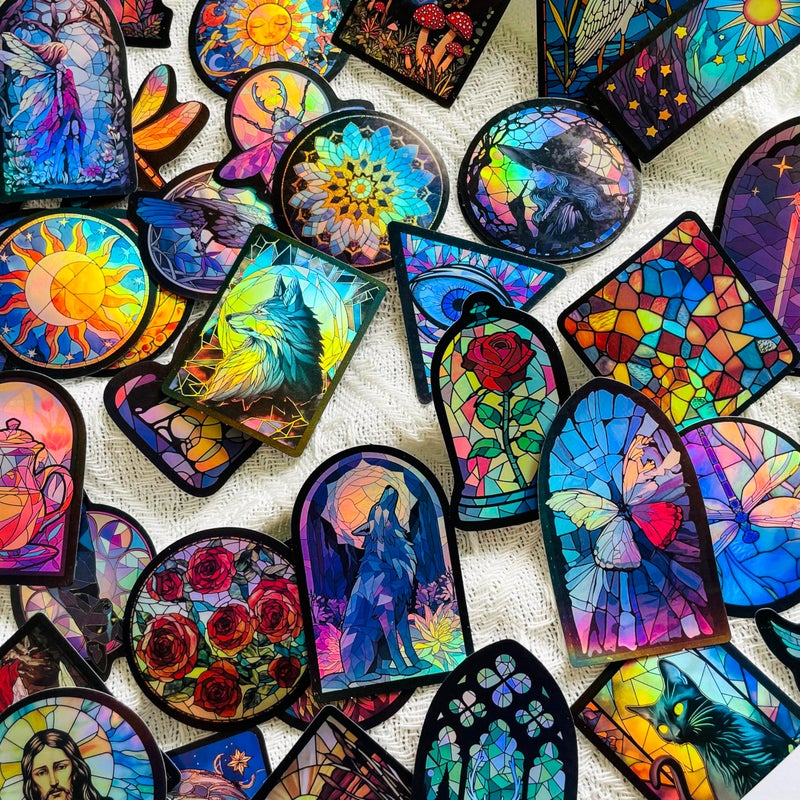 YOKSAS 50PCS Holographic Gothic Stained Glass Stickers â€“ Vintage Aesthetic Religious Fantasy and Nature Vinyl Waterproof Decals for Scrapbooking, Journals, Laptops, Water Bottles - Image 2