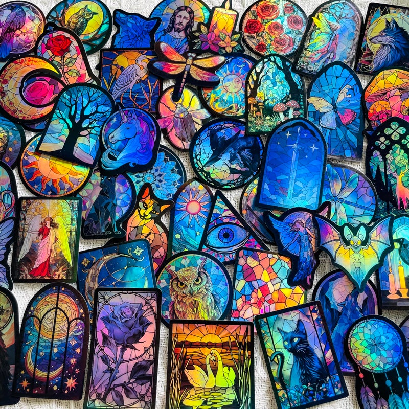 YOKSAS 50PCS Holographic Gothic Stained Glass Stickers â€“ Vintage Aesthetic Religious Fantasy and Nature Vinyl Waterproof Decals for Scrapbooking, Journals, Laptops, Water Bottles - Image 1
