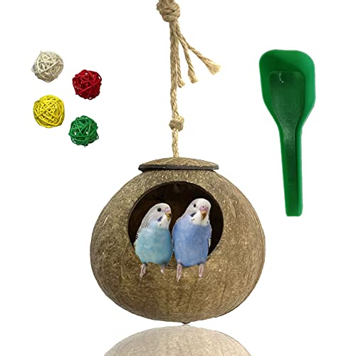 kathson Natural Coconut Shell Bird Nest,Hanging Coco Birds House,Parrots Hide Hut Habitats Decor,Parrot Cage Accessories for Lovebirds Cockatiel Canary Budgies,Feeder Spoon,4 Toy Balls(6 Pcs) - Image 1