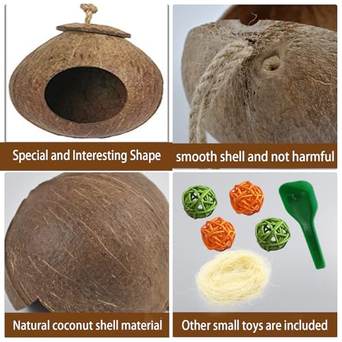 kathson Natural Coconut Shell Bird Nest,Hanging Coco Birds House,Parrots Hide Hut Habitats Decor,Parrot Cage Accessories for Lovebirds Cockatiel Canary Budgies,Feeder Spoon,4 Toy Balls(6 Pcs) - Image 3